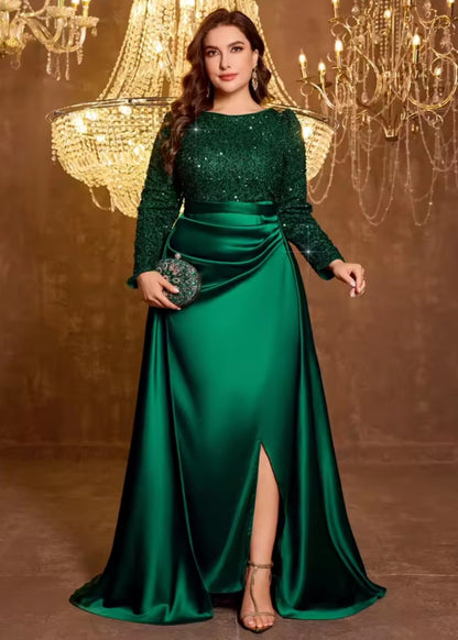 Sequin Satin Pleats, Green, Plus Sizes, Formal Date, Gala Dress