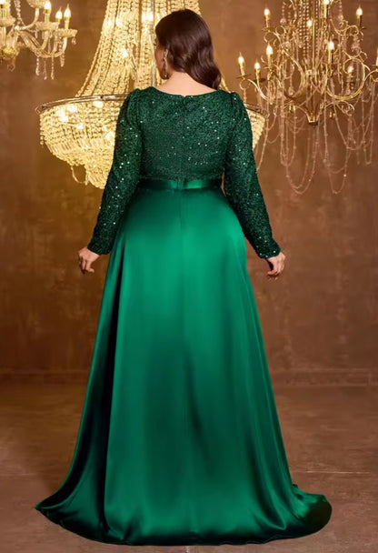 Sequin Satin Pleats, Green, Plus Sizes, Formal Date, Gala Dress