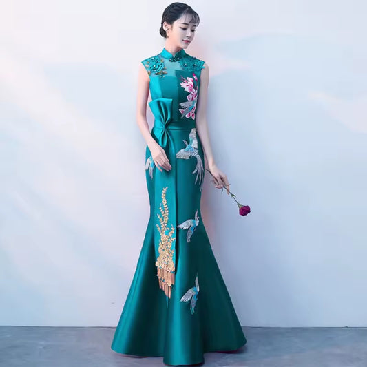 Satin Gown, Flower and Phoenix Pattern, Embroidered Detailing, Blue or Red