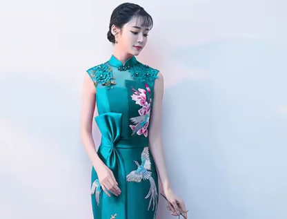 Satin Gown, Embroidered Cheongsam, Detailed, Pale Blue or Red