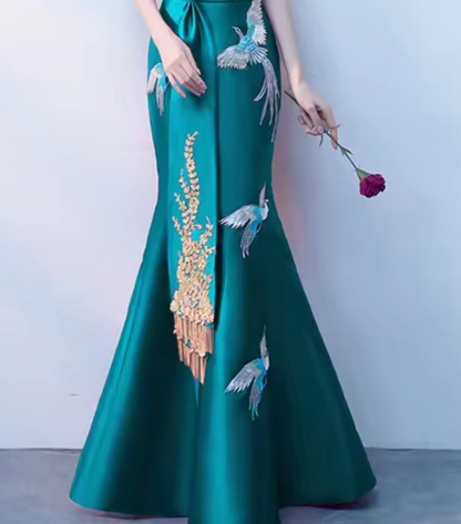 Satin Gown, Embroidered Cheongsam, Detailed, Pale Blue or Red
