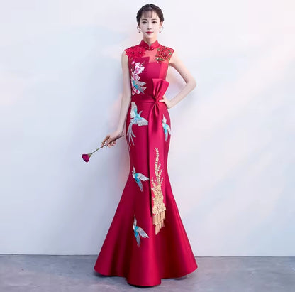 Satin Gown, Embroidered Cheongsam, Detailed, Pale Blue or Red