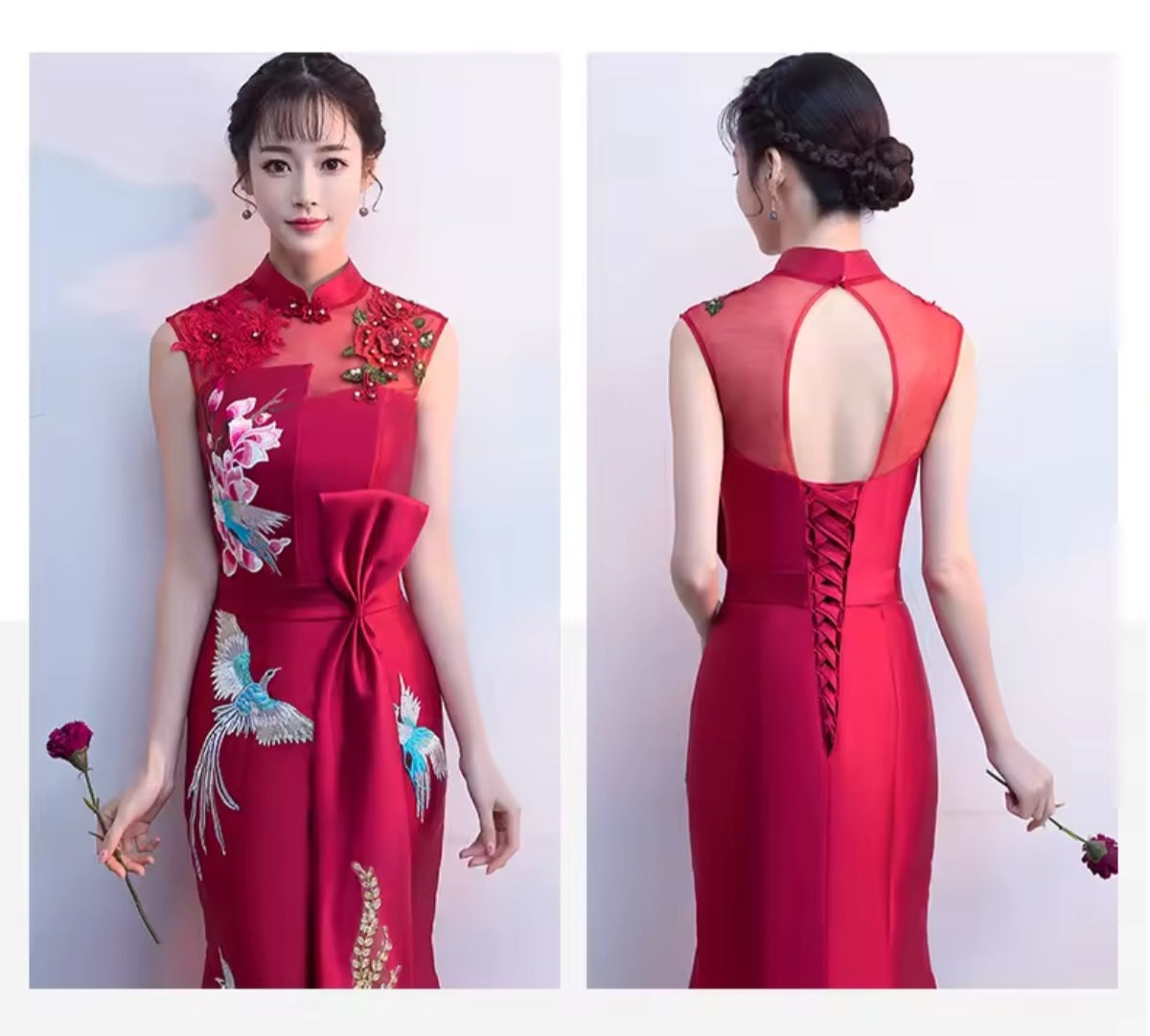 Satin Gown, Embroidered Cheongsam, Detailed, Pale Blue or Red