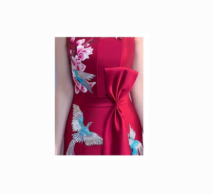 Satin Gown, Embroidered Cheongsam, Detailed, Pale Blue or Red