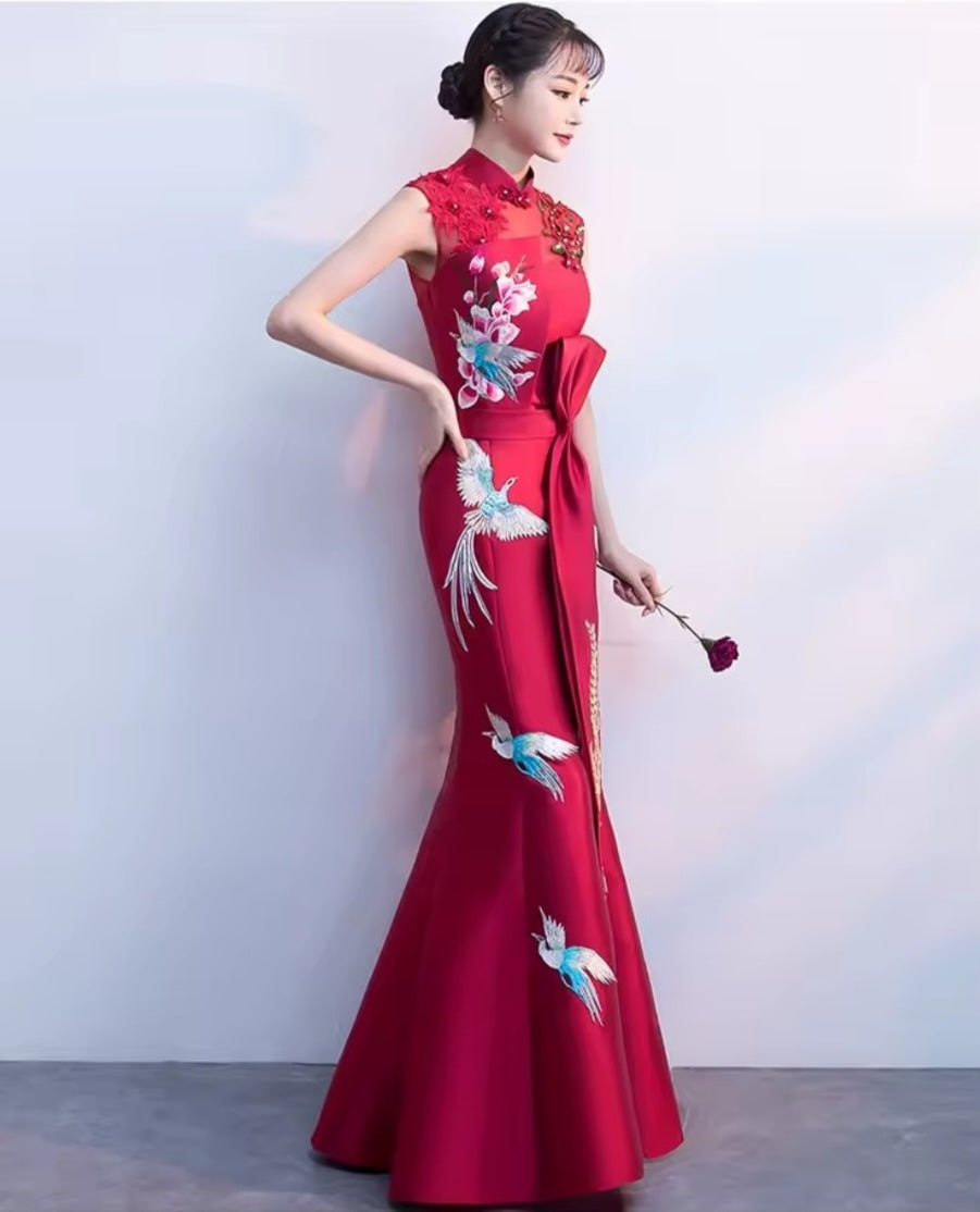 Satin Gown, Embroidered Cheongsam, Detailed, Pale Blue or Red