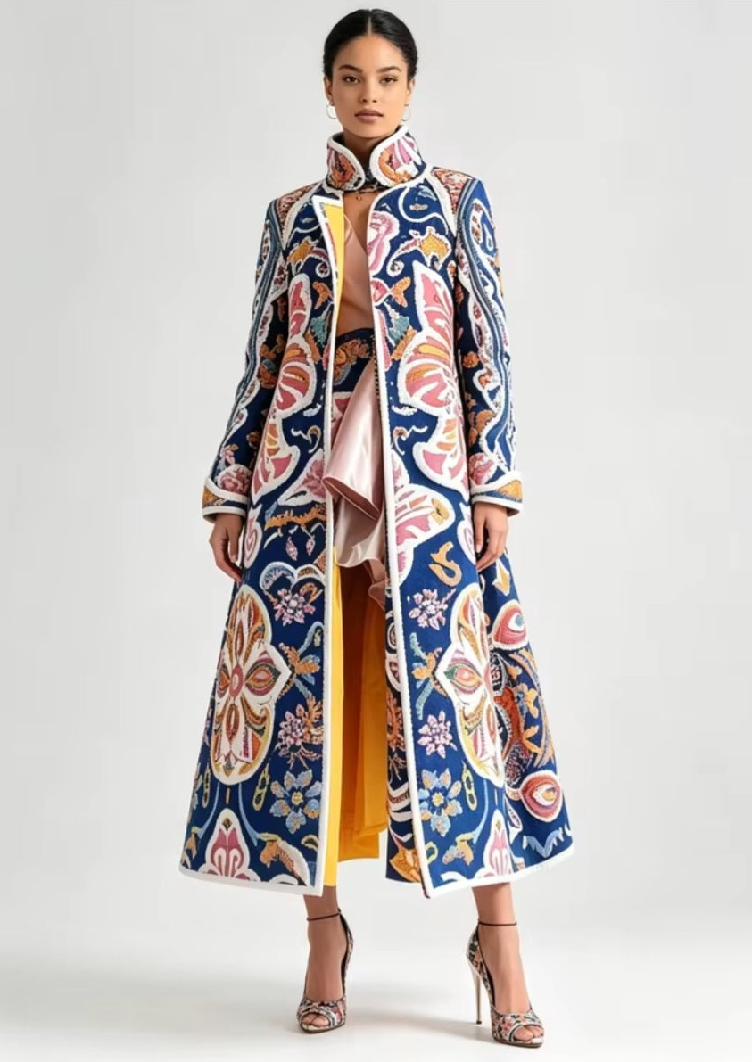 Formal Dress Coat, Paisley Multicolor, Lining, Long, Structured, for 3 Seasons