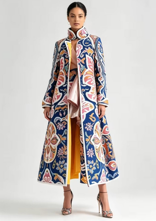 Formal Dress Coat, Paisley Multicolor, Lining, Long, Structured, for 3 Seasons