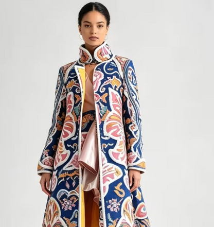 Formal Dress Coat, Paisley Multicolor, Lining, Long, Structured, for 3 Seasons