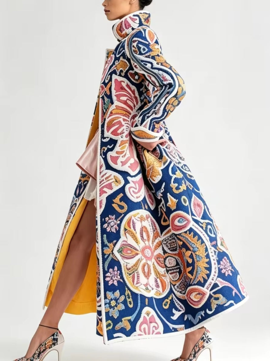 Formal Dress Coat, Paisley Multicolor, Lining, Long, Structured, for 3 Seasons