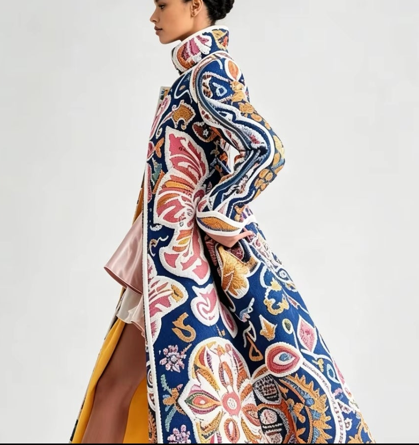 Formal Dress Coat, Paisley Multicolor, Lining, Long, Structured, for 3 Seasons