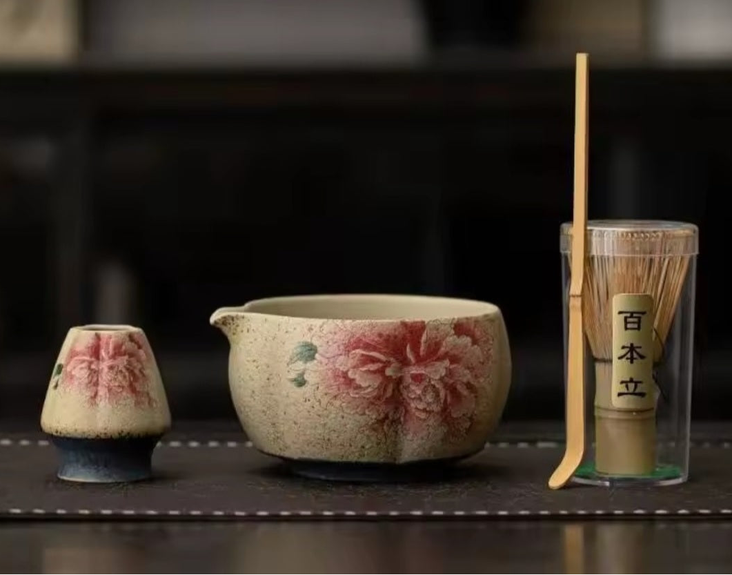 Kit de té Matcha, diseño floral de cristal de hielo, tonos rosa blanco, 4 u 8 piezas, cepillo de bambú, paño de té, suministro para fiestas, regalo para té de alta calidad