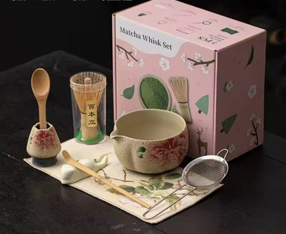 Kit de té Matcha, diseño floral de cristal de hielo, tonos rosa blanco, 4 u 8 piezas, cepillo de bambú, paño de té, suministro para fiestas, regalo para té de alta calidad