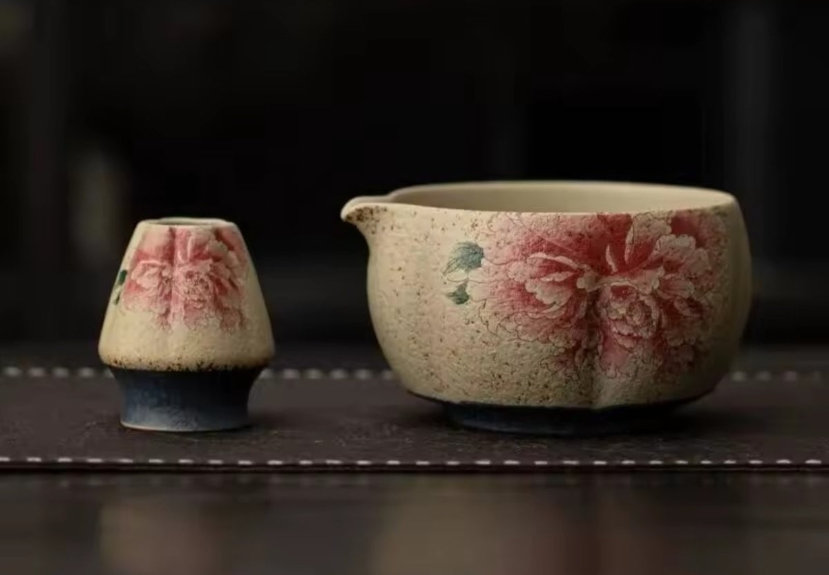 Kit de té Matcha, diseño floral de cristal de hielo, tonos rosa blanco, 4 u 8 piezas, cepillo de bambú, paño de té, suministro para fiestas, regalo para té de alta calidad