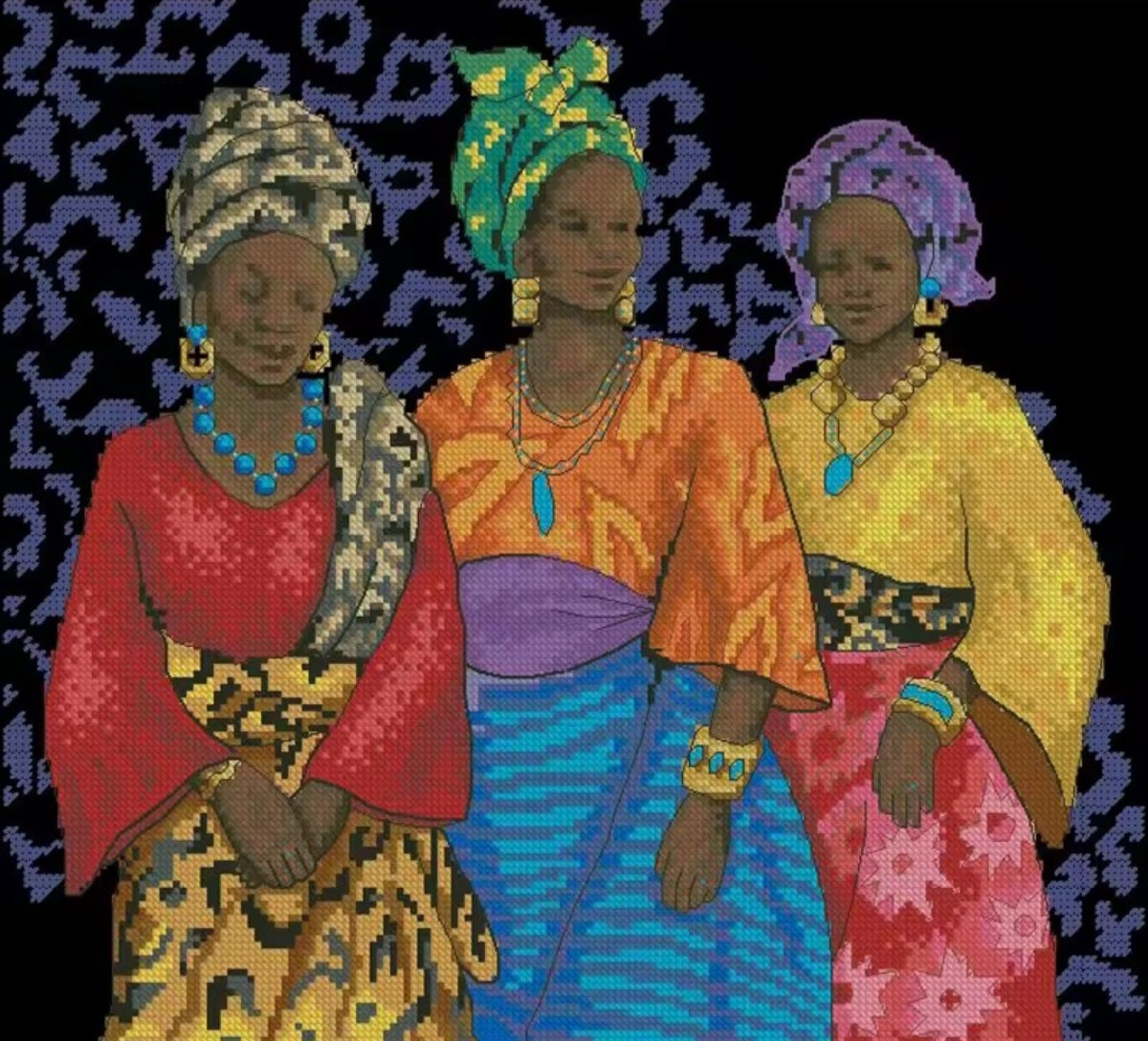 Yoruba Women Assemble in Africa, Printed Cross Stitch Kit, 11/14/16/18 Counts