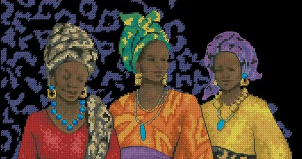 Yoruba Women Assemble in Africa, Printed Cross Stitch Kit, 11/14/16/18 Counts