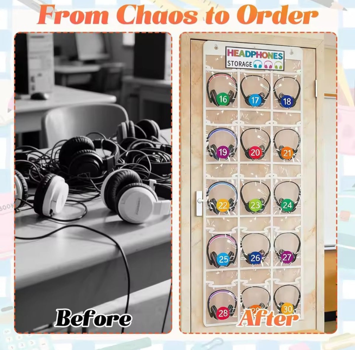 Door Hanging Organizer, Caddy, Set of 30 Pockets, Store Your Art School Office Supplies