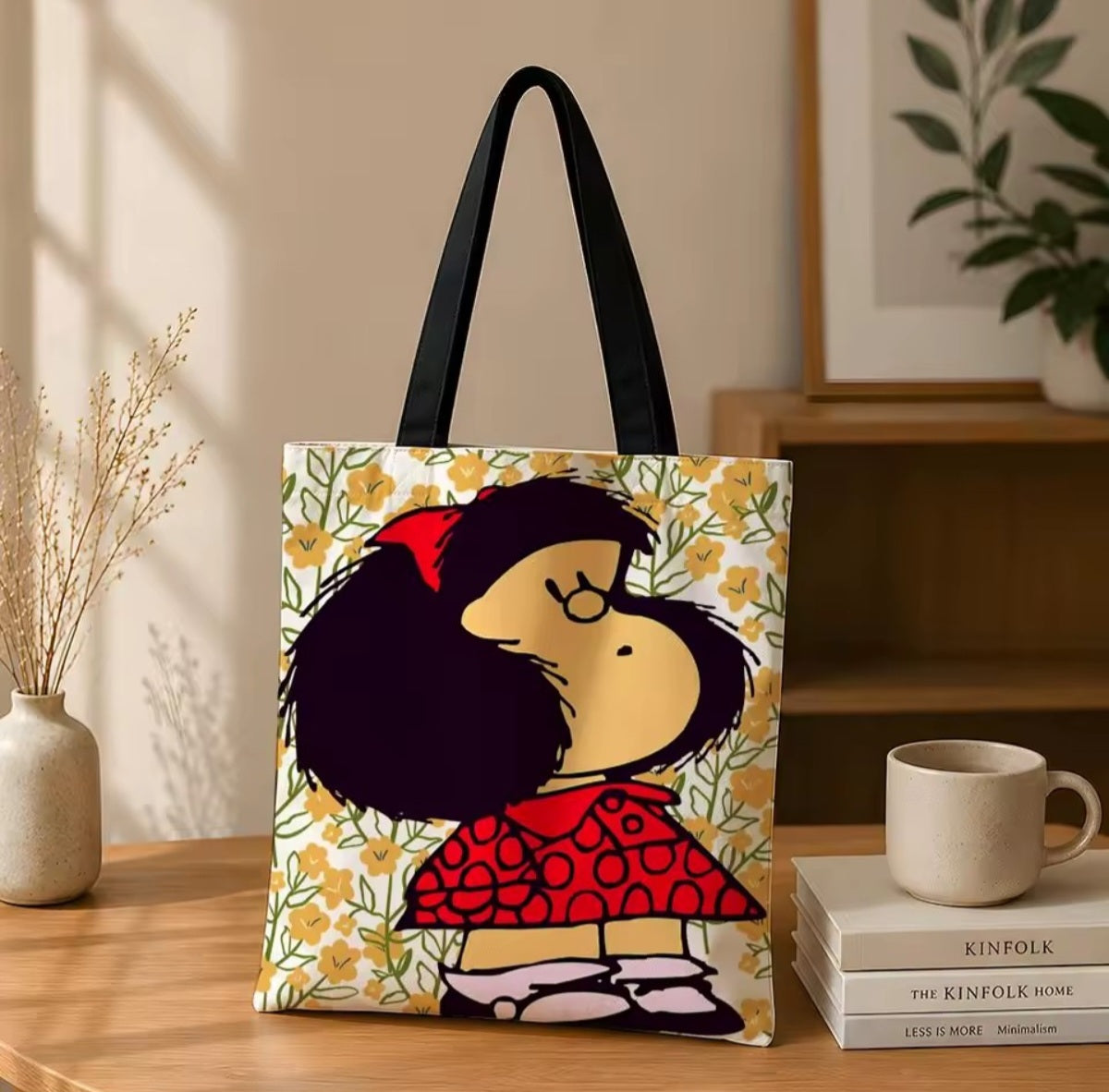 Mafalda in a Curtain of Flowers, Canvas Tote Bag, 2 Sizes, Reusable