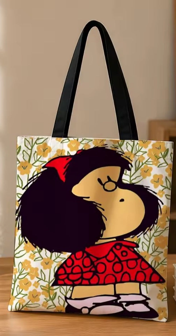 Mafalda in a Curtain of Flowers, Canvas Tote Bag, 2 Sizes, Reusable