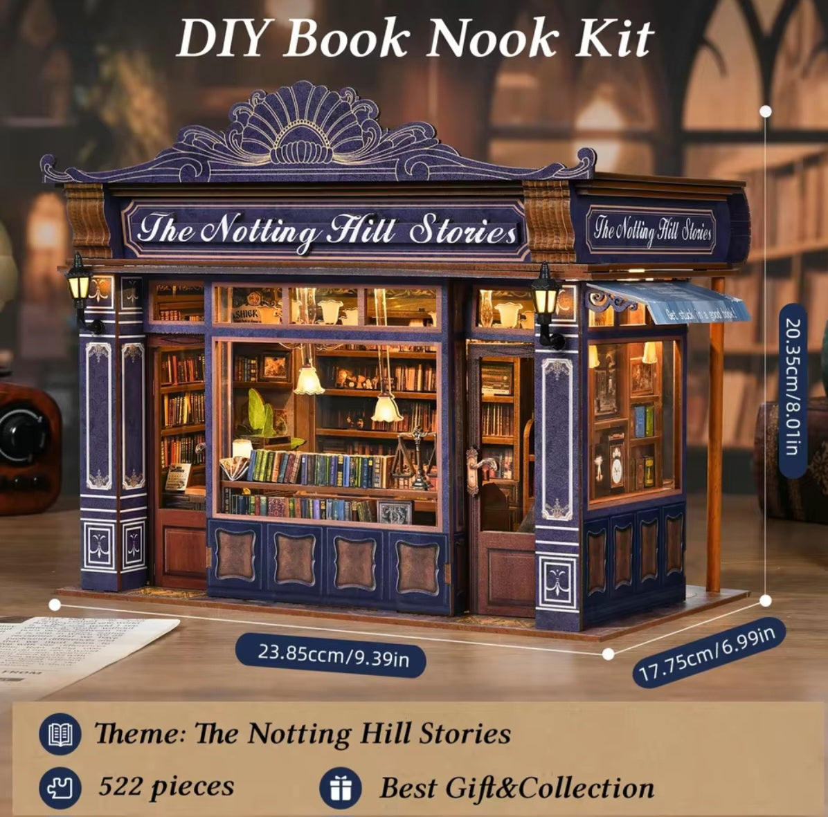 Notting Hill Bookstore, DIY Book Nook Kit, Puzzle, LED Light, Movable Furniture