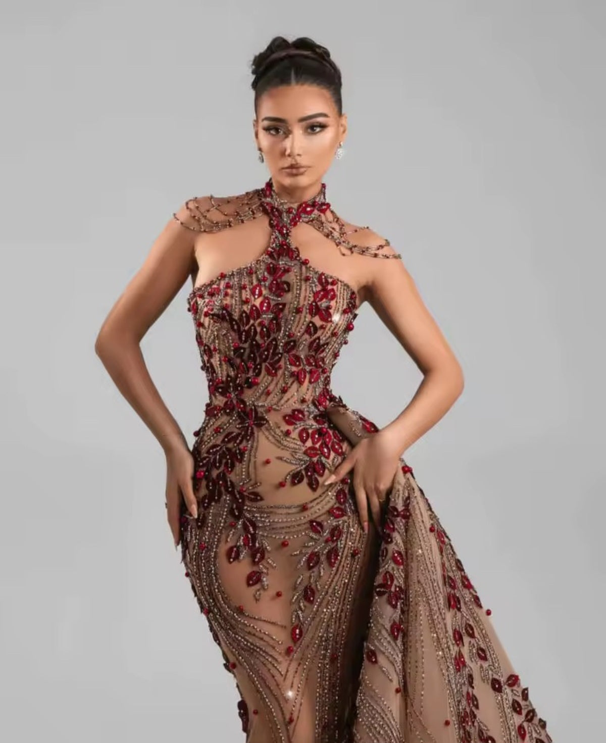 Beaded Crystal Mermaid Gown, Detachable Train, Petite to Plus Sizes, Custom Tailored