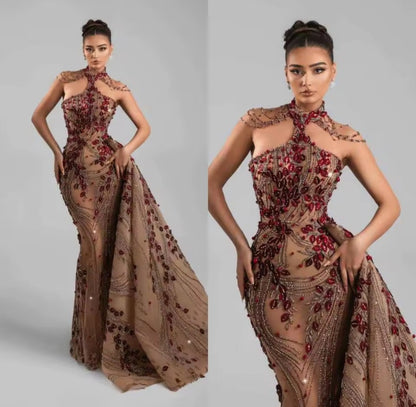 Beaded Crystal Mermaid Gown, Detachable Train, Petite to Plus Sizes, Custom Tailored