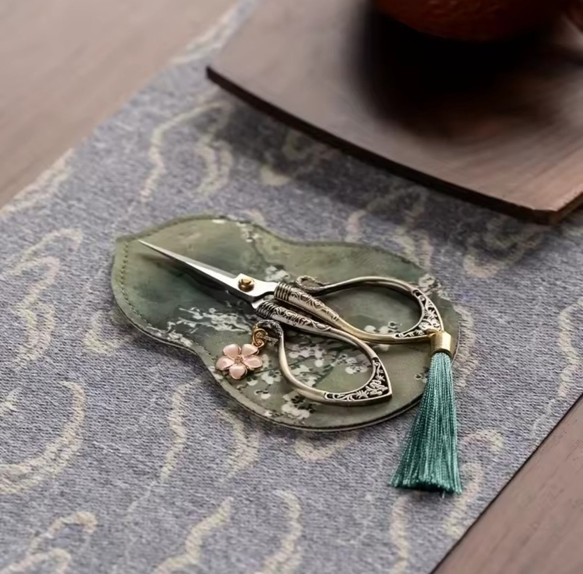 Vintage Mini Embroidery Scissors, Tassel, Craft Shears, Fabric Gourd in Sea Green