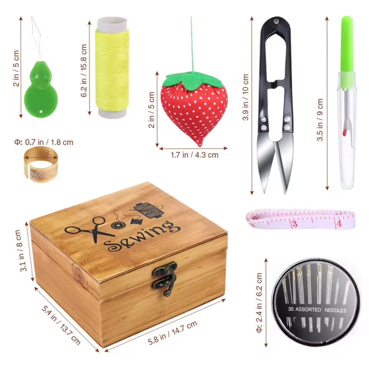 Handcrafted Wooden Sew Kit, Accessories, Pin Cushion, Threader,  Needles, Scissors