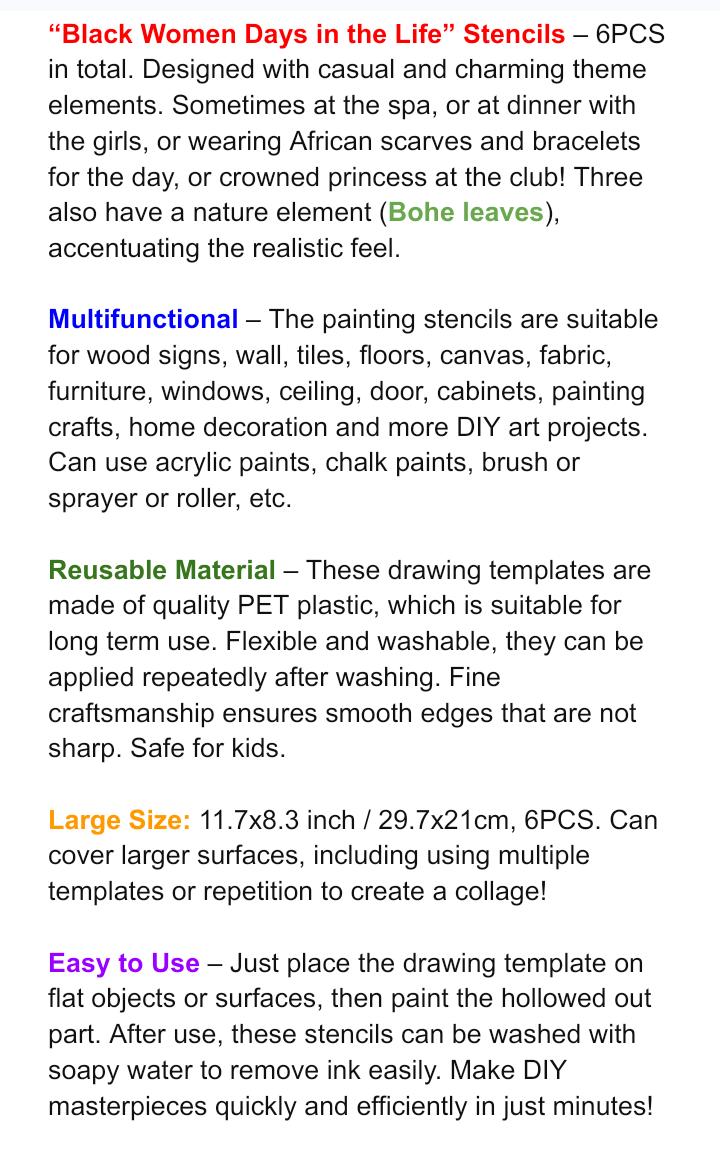 6 PCS Stencils Set, DIY Painting, Reusable, Bundle of LARGE Templates, Great on Wall, Signs, Fabric, Graffiti, Wood, Tile, Ice Cake, Fun Art
