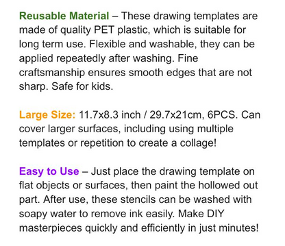 Juego de 6 plantillas, pintura DIY, reutilizables, paquete de plantillas GRANDES, ideal para paredes, letreros, tela, grafitis, madera, azulejos, pasteles de hielo, arte divertido