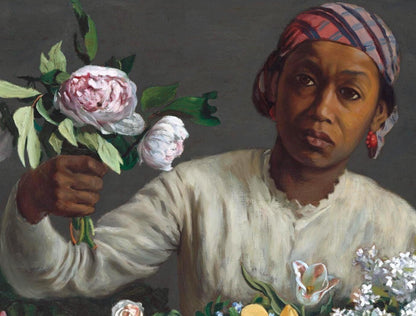 DIY Paint by Number Kit, Young Woman with Peonies by Frederic Bazille, Linen Canvas, Optional Frame, Black Women Craft, Masterpiece Kwanzaa