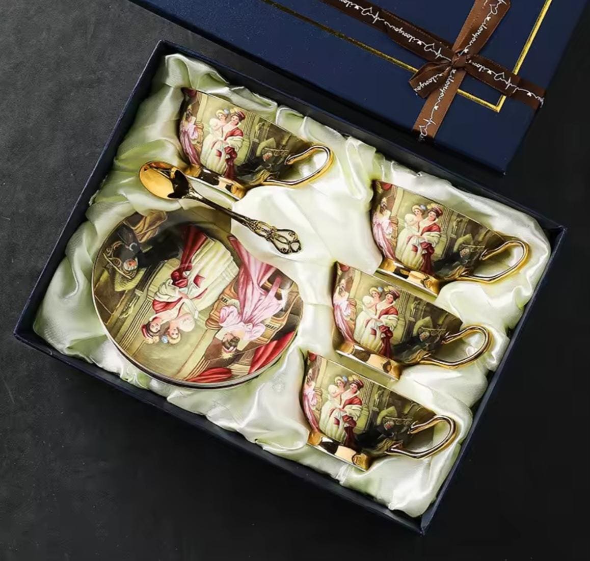 Juego de té de porcelana fina, pintura al óleo, té y arte, vajilla fina para fiesta, taza, platillo y cuchara, bonita caja de regalo, lujosa mesa puesta
