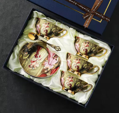 Juego de té de porcelana fina, pintura al óleo, té y arte, vajilla fina para fiesta, taza, platillo y cuchara, bonita caja de regalo, lujosa mesa puesta