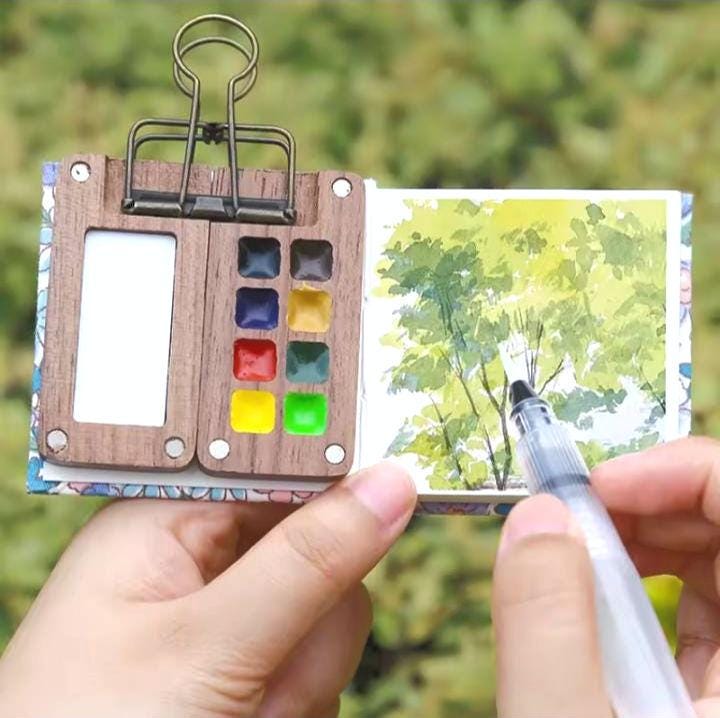 Teeny Tiny Watercolor Paint Set, Portable Wooden Box, 2 SKETCHBOOKS, Clip, Small Palette, Feed Art Addiction on the Go