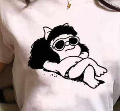 Mafalda Sun Bathes T-Shirt, Latin American Comic Icon, Funny Graphic Tee, Adult or Child, Make Smiles