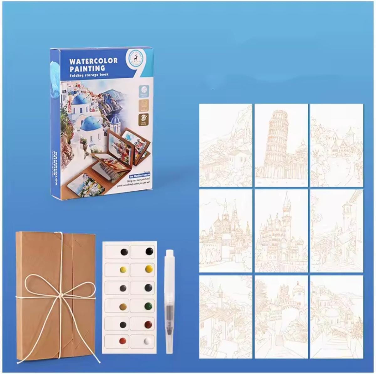 Watercolor Travel Kit, Solid Paints, Expandable Craft Paper Folder, Pen, Printed Art Renderings, Gift, When Cannot Leave the Art Home