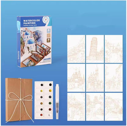 Watercolor Travel Kit, Solid Paints, Expandable Craft Paper Folder, Pen, Printed Art Renderings, Gift, When Cannot Leave the Art Home