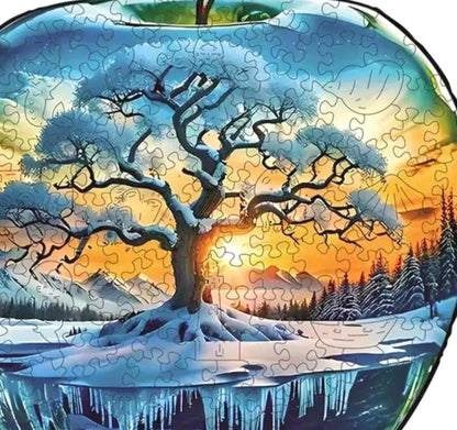 Wood Jigsaw Christmas Puzzle, Apple Shape, Unique shaped pieces, 5mm Extra Thick, Holiday or Snow Season Party Fun, Preserve as Wall Decor