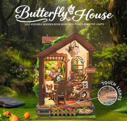 3D Book Nook, Butterfly House, DIY Kit, Nature Bookshelf Puzzle, LED Light, Varieties of Butterflies, Movable Furniture, Gift Nature Lovers