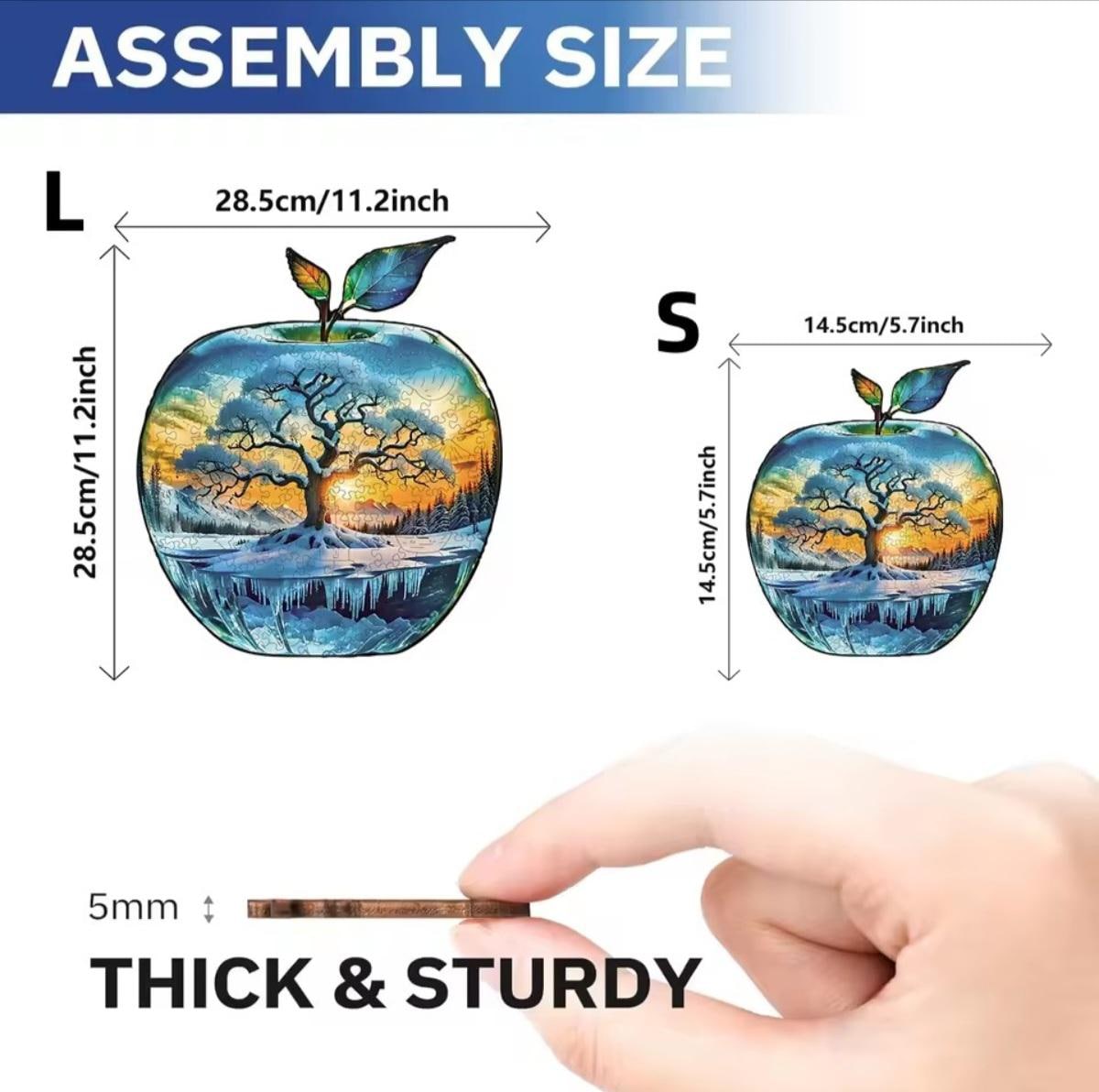 Wood Jigsaw Christmas Puzzle, Apple Shape, Unique shaped pieces, 5mm Extra Thick, Holiday or Snow Season Party Fun, Preserve as Wall Decor
