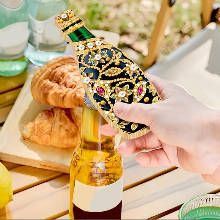 Diamond Paint a Bottle Opener, Carved Wooden Champagne Shape, Magnet attached, Crystal Mosaic Kit, Bling Kitchen Decor, Fun Bright Day