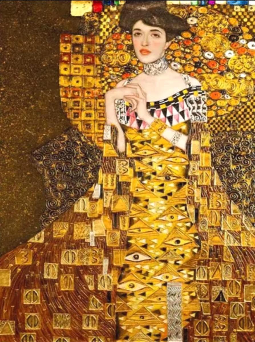 Klimt Printed Cross Stitch Kit, Golden Tones Embroidery Aida 11CT, DMC Printed Cotton Canvas, Gift Art Enthusiasm, Handcraft Plaid Decor
