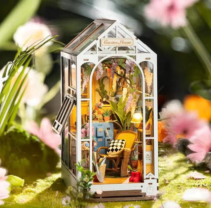 DIY Garden Book Nook Kit, Greenhouse Bookshelf Puzzle with LED Light, 14 Varieties of Flowers, Movable Furniture