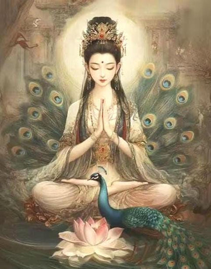 DIY Embroidery Kit, Buddha & Peacock Printed Cross Stitch, 9 or 11 CT, Silk Thread Technique, Beginner Needlepoint