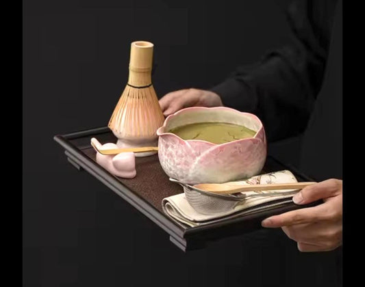 Kit de té Matcha, diseño floral de cristal de hielo, tonos rosa blanco, 4 u 8 piezas, cepillo de bambú, paño de té, suministro para fiestas, regalo para té de alta calidad