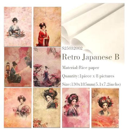 Japanese Rice Paper, Ladies of the Village, 8 pieces, Decorative Gift Wrap, Decoupage, Scrapbook Ephemera, Rose Tones