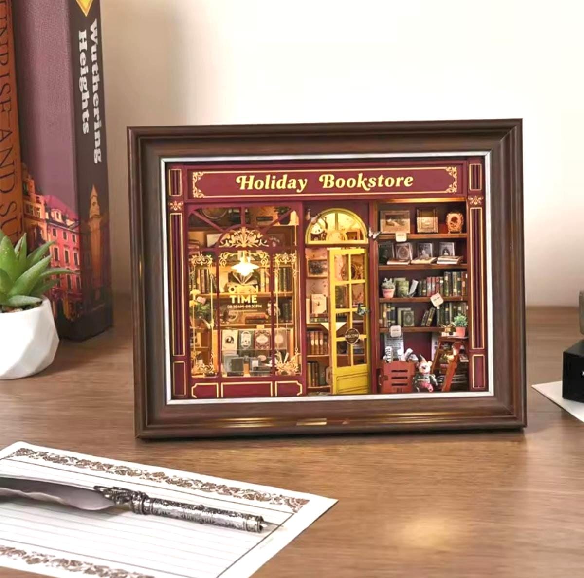 3D Book Nook, Holiday Bookstore DIY Mini Replica Kit, Mount as Wall Art, USB Lights, Wooden Diorama, Adult or Teen, Gift Holiday Charm