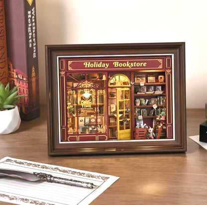 3D Book Nook, Holiday Bookstore DIY Mini Replica Kit, Mount as Wall Art, USB Lights, Wooden Diorama, Adult or Teen, Gift Holiday Charm