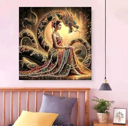 Diamond Paint Kit, Beauty and the Dragon, Asia Inspired Craft, DIY Crystal Mosaic, Round Drill, 30x25 cm, Easy Beginners, Dynamic