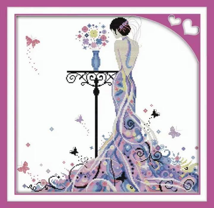 Madam Butterfly Embroidery Kit, Cross-stitch 11CT, LARGE Canvas Printed or Unprinted, Learn a New Craft