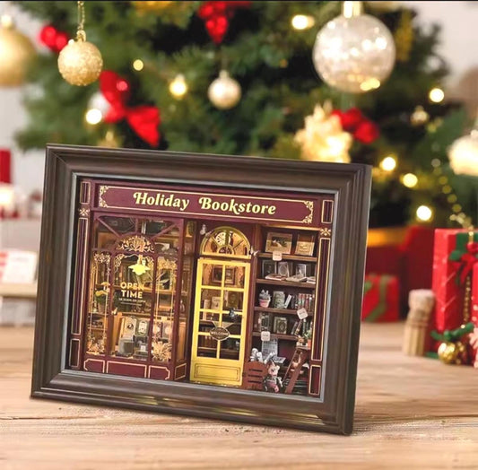 3D Book Nook, Holiday Bookstore DIY Mini Replica Kit, Mount as Wall Art, USB Lights, Wooden Diorama, Adult or Teen, Gift Holiday Charm